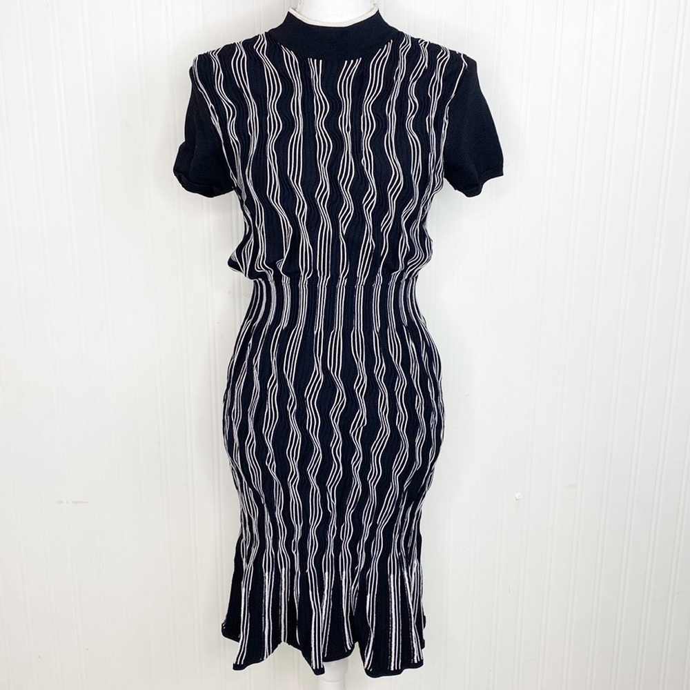 Shoshanna Sweater Dress Textured Flare Hem Black White
